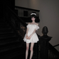 White off-the-shoulder neckline lace trim waist slim A-line short skirt homecoming dress R5063
