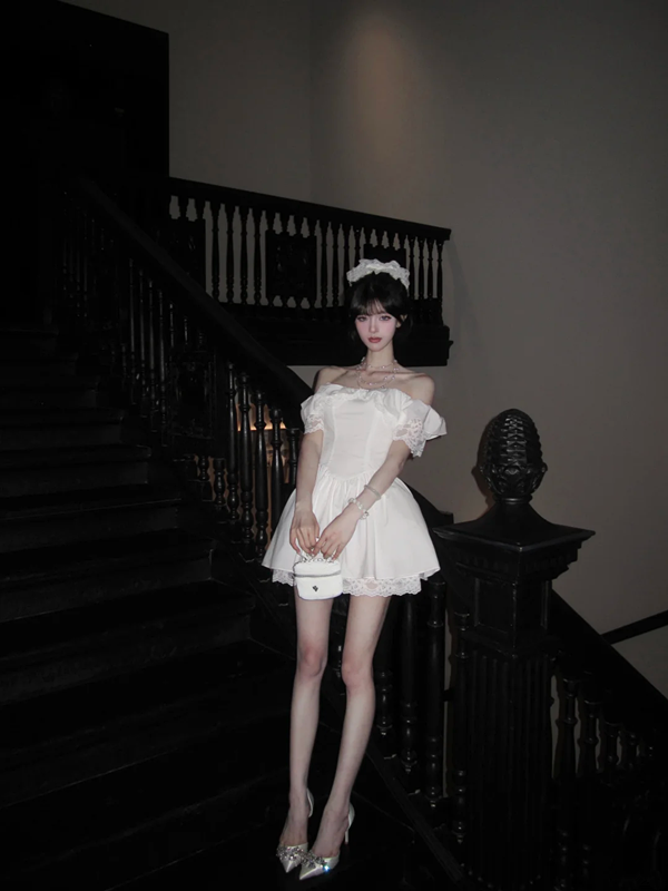White off-the-shoulder neckline lace trim waist slim A-line short skirt homecoming dress R5063