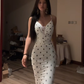 White halter-neck polka dot fitted long ball gown R7553