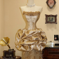 Golden strapless waist-cinching ruffled-bud hem long sexy prom dress R7940
