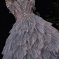 Gray-blue round neck sequined fitted long ball gown R8820