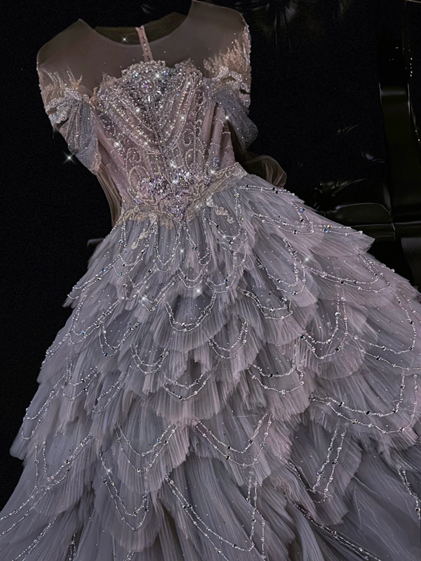 Gray-blue round neck sequined fitted long ball gown R8820