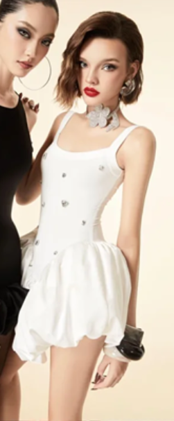 White suspenders, slim waist, flower bud skirt, short skirt, homecoming dress R4412