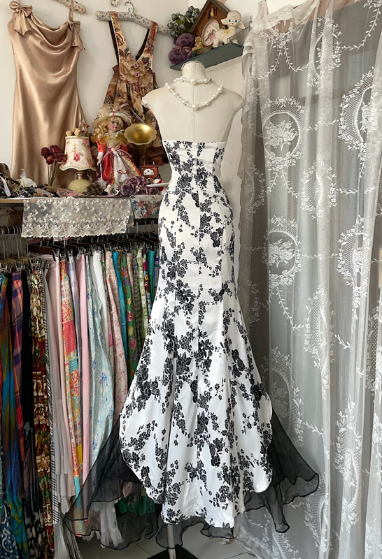 White tube top printed slim waist fishtail maxi ball gown R6154