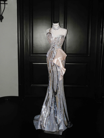 Spliced color one-shoulder sexy sequined waist slim long skirt, prom dress R5679