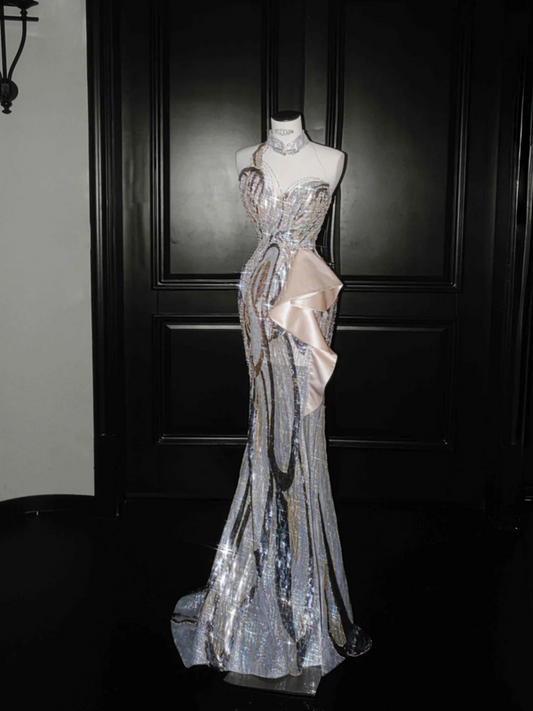 Spliced color one-shoulder sexy sequined waist slim long skirt, prom dress R5679