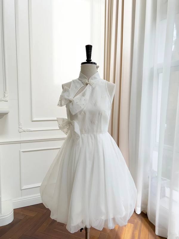 White sleeveless Chinese neckline waist bud skirt homecoming dress R5203