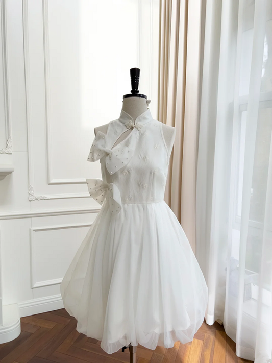 White sleeveless Chinese neckline waist bud skirt homecoming dress R5203
