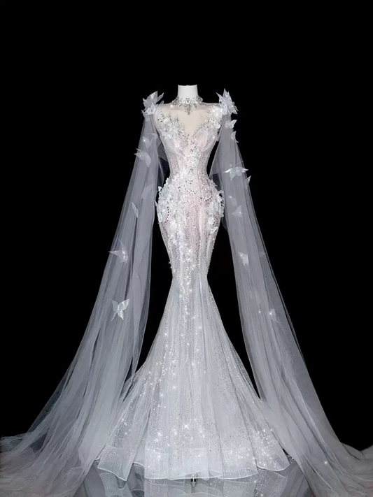 White halter-neck rhinestone-embellished fitted mermaid long ball gown R6474