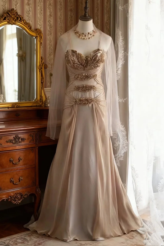 Champagne-colored halter-neck rhinestone-embellished fitted bodycon long ball gown R6714
