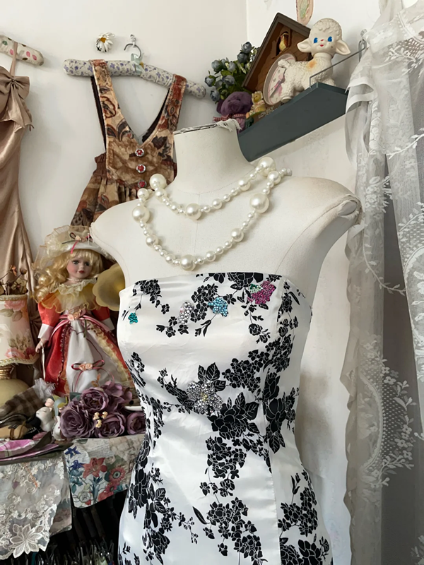 White tube top printed slim waist fishtail maxi ball gown R6154