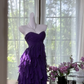 Purple strapless, fitted waist, tiered skirt, mid-length ball gown R7629