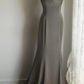 Grey halter-neck, fitted waist, backless, sexy long ball gown R6832