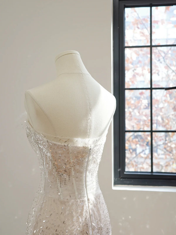 White strapless, fitted, sequined long ball gown/bridal dress R8485