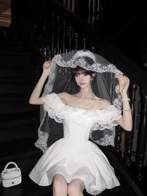 White off-the-shoulder neckline lace trim waist slim A-line short skirt homecoming dress R5063