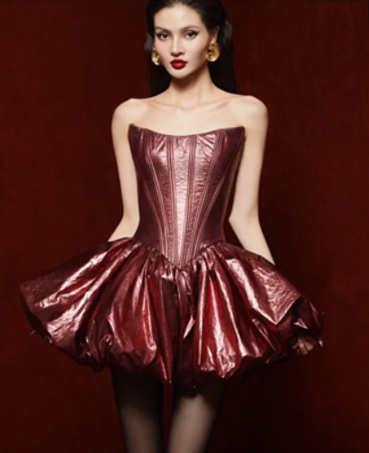 Dark red high-end tube top waist slimming flower bud skirt short skirt homecoming dress R4735