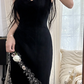 Black halter-neck fitted bodycon ball gown with a sexy asymmetrical hem R7748