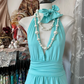 Lake blue halter neck, fitted waist, asymmetrical hem short skirt, ball gown R6274