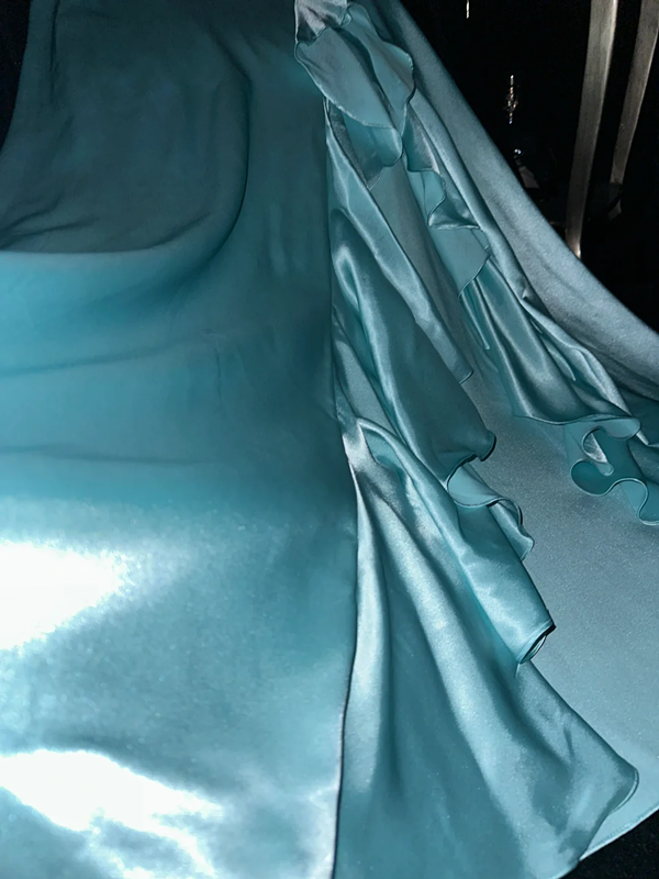 Lake blue halter neck fitted waist long ball gown R6872