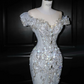 Light blue one-shoulder diamond waist-hugging hip-wrapped fishtail sexy long skirt, prom dress R5643