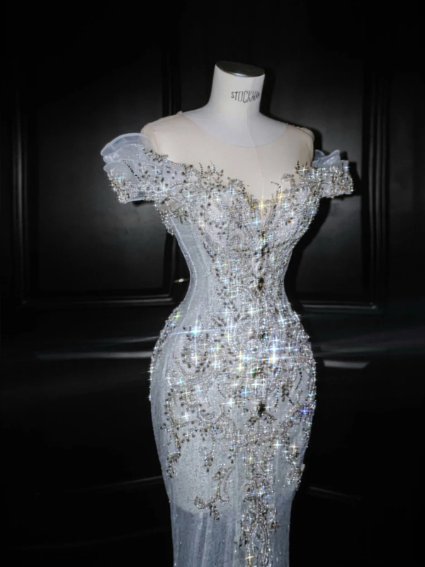 Light blue one-shoulder diamond waist-hugging hip-wrapped fishtail sexy long skirt, prom dress R5643