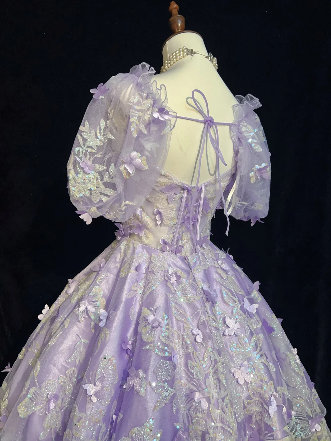 Purple puff sleeves floral design waist slim fit princess skirt homecoming dress R4941