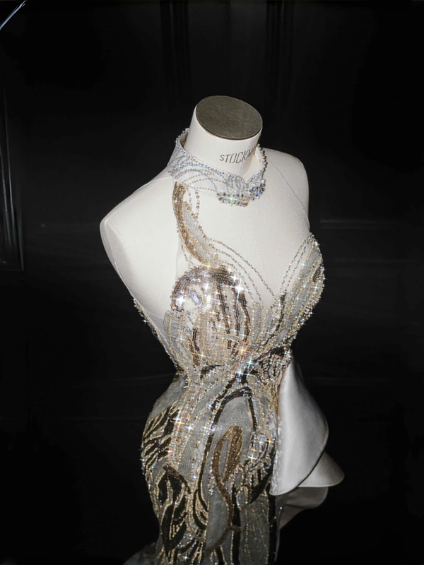 Spliced color one-shoulder sexy sequined waist slim long skirt, prom dress R5679