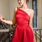 Red asymmetrical neckline design waist open back sexy satin skirt homecoming dress R4452
