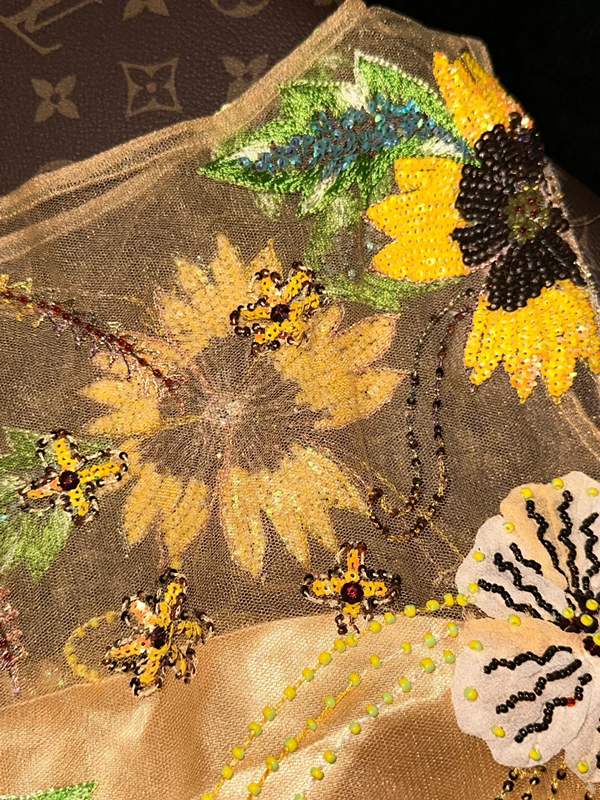 Gold sleeveless fitted sunflower floral long ball gown R6913