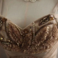 Champagne-colored halter-neck rhinestone-embellished fitted bodycon long ball gown R6714