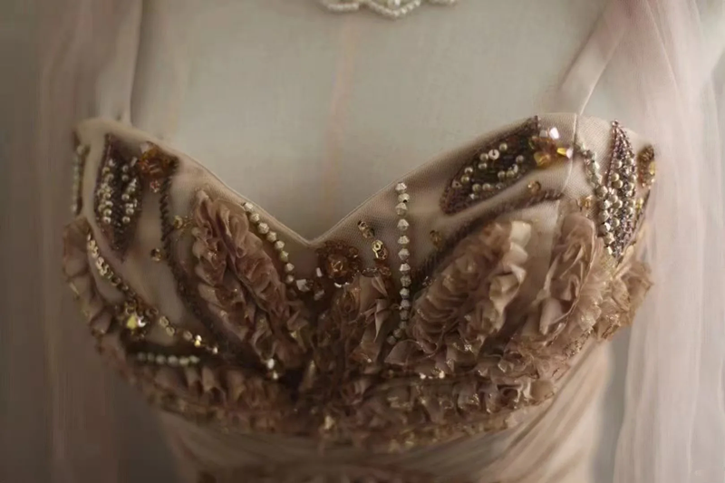 Champagne-colored halter-neck rhinestone-embellished fitted bodycon long ball gown R6714