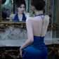 Blue halter-neck fitted waist slim-fitting slit sexy ball gown R7073
