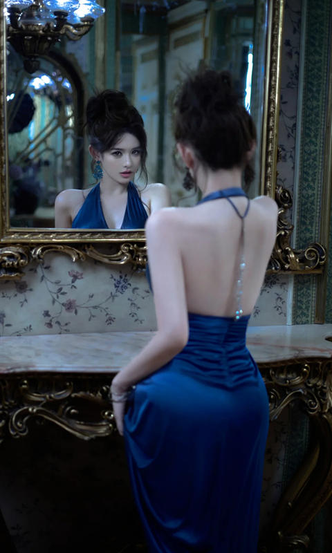 Blue halter-neck fitted waist slim-fitting slit sexy ball gown R7073