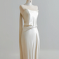 Champagne-colored strapless satin long sexy ball gown R8189