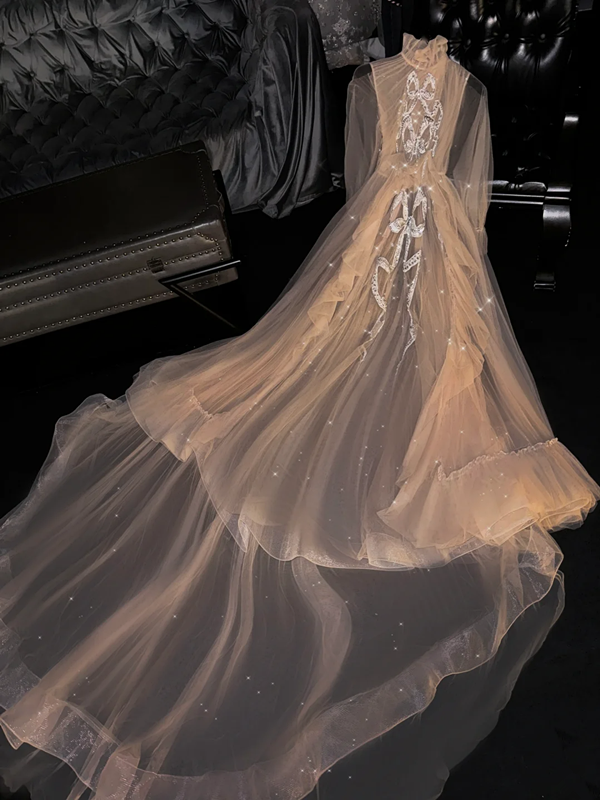 Light apricot long-sleeved fitted and sexy long ball gown/bridal dress R8760