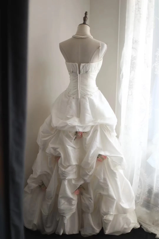 White strapless fitted waist slim-fitting pleated princess skirt ball gown, bridal gown R6754