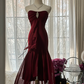 Deep red strapless, fitted waist, bodycon, sexy long ball gown R7709