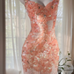 Orange-pink halter-neck, fitted waist, backless, sexy bodycon short ball gown R7668