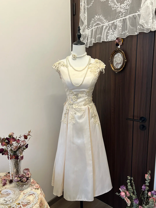 Champagne satin embroidered waist slim fit long skirt homecoming dress R4332