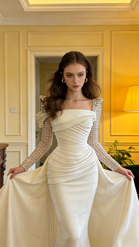 White square neckline, fitted waist, bodycon silhouette, mermaid skirt, elegant ball gown, bridal gown R8606