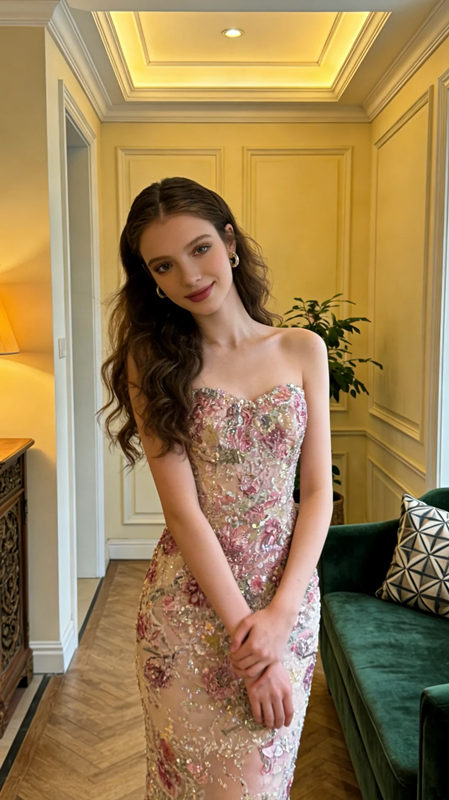 Pink retro floral strapless fitted waist bodycon long ball gown, bridal dress R8576