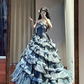 Gray-blue strapless, fitted waist, tiered, full skirt, long ball gown R8637