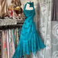 Lake blue halter neck fitted waist slim silhouette irregular hem long ball gown R7860