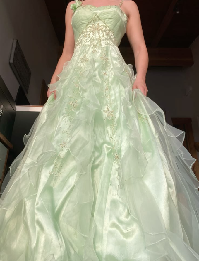 Silky Pleated Applique Corset Prom Gown , Soft Green Women's Maxi Birthday Dress RS2515