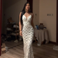 White halter-neck polka dot fitted long ball gown R7553