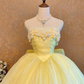 Light Yellow Spaghetti-Strap Waist-Cinched Puffball Skirt Ball Gown, Bridal Gown R7359