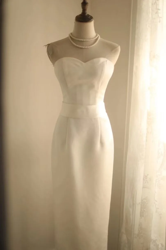 White strapless fitted long ball gown, elegant and classic style R6793