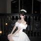 White off-the-shoulder neckline lace trim waist slim A-line short skirt homecoming dress R5063