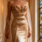 Champagne-colored halter-neck rhinestone-embellished fitted bodycon long ball gown R6714