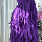 Purple strapless, fitted waist, tiered skirt, mid-length ball gown R7629